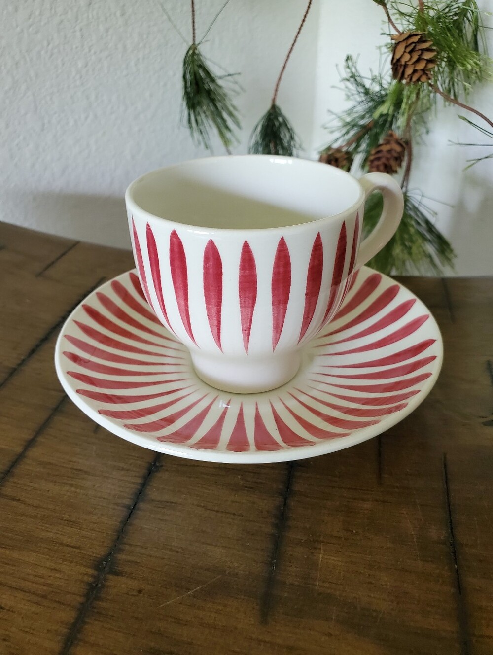 Upsala Ekeby Flintware Red Striped Cup Teacup Saucer Vintage Scandinavian